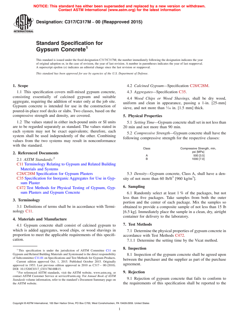 ASTM C317/C317M-00(2015) - Standard Specification for  Gypsum Concrete