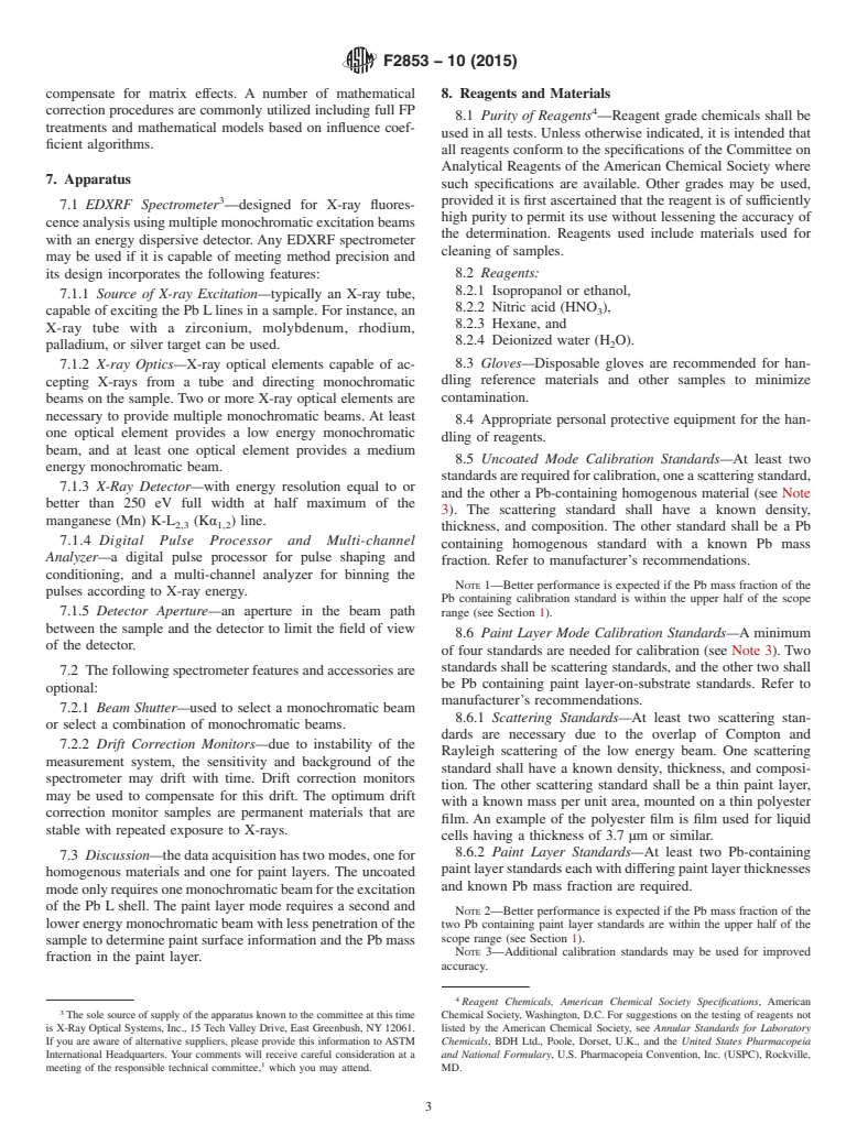 ASTM F2853-10(2015) - Standard Test Method for  Determination of Lead in Paint Layers and Similar Coatings   or in Substrates and Homogenous Materials by Energy Dispersive X-Ray   Fluorescence Spectrometry Using Multiple Monochromatic Excitation   Beams