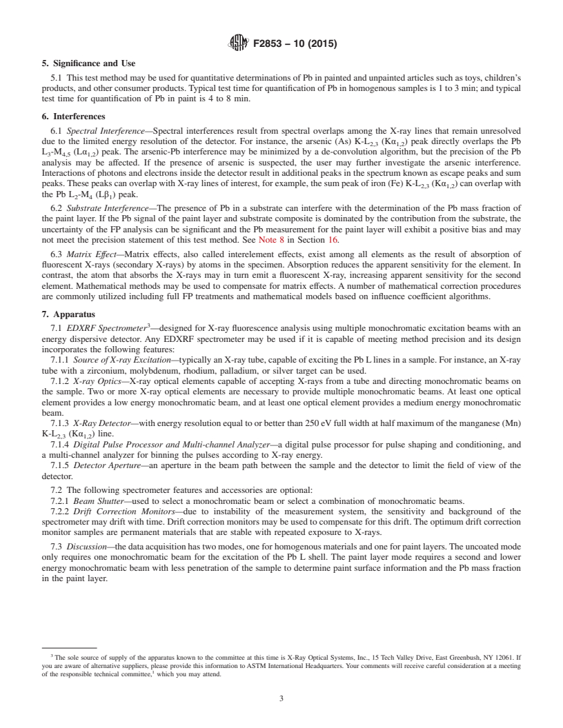 REDLINE ASTM F2853-10(2015) - Standard Test Method for  Determination of Lead in Paint Layers and Similar Coatings   or in Substrates and Homogenous Materials by Energy Dispersive X-Ray   Fluorescence Spectrometry Using Multiple Monochromatic Excitation   Beams