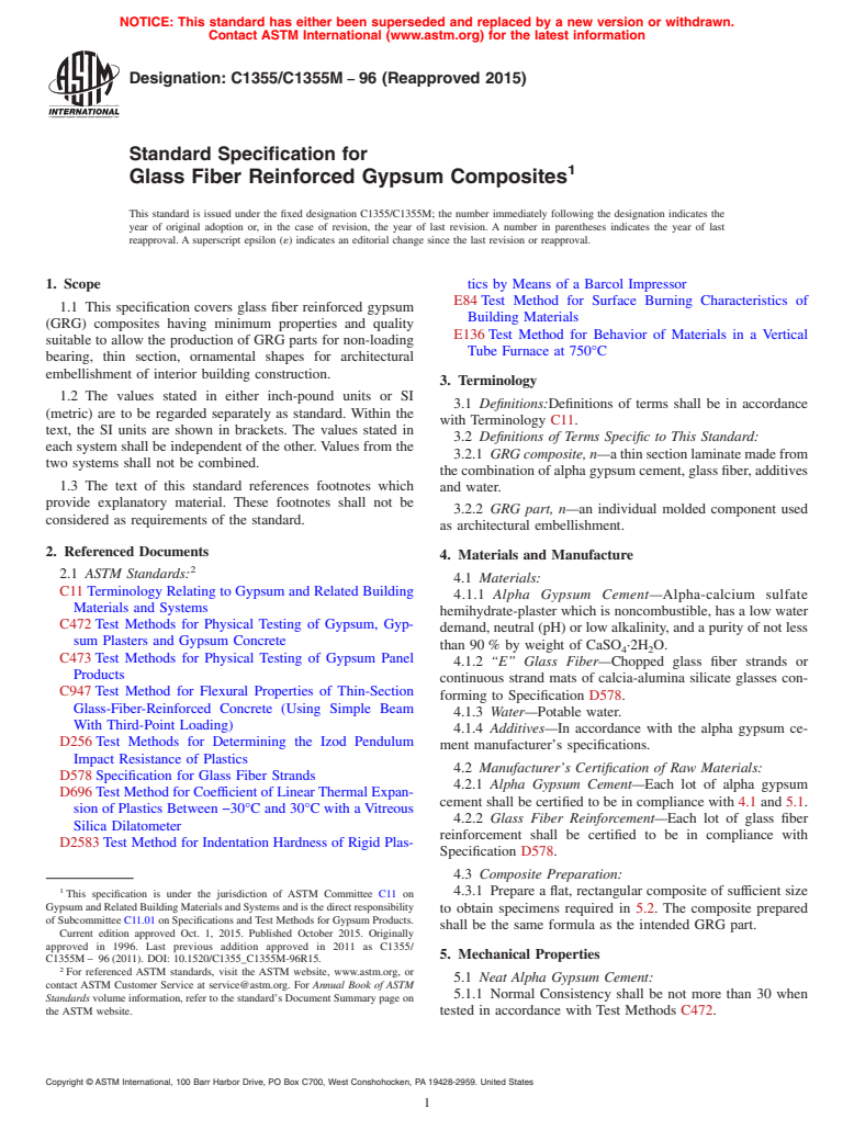 ASTM C1355/C1355M-96(2015) - Standard Specification for  Glass Fiber Reinforced Gypsum Composites