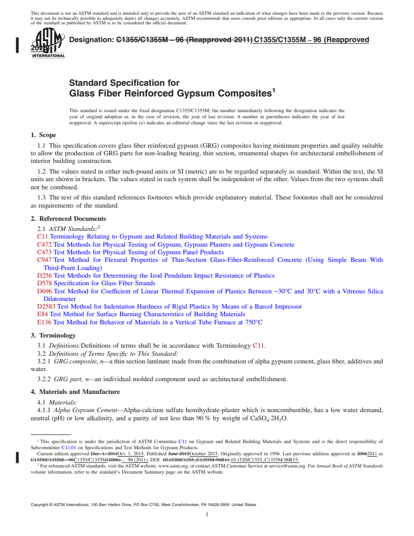 REDLINE ASTM C1355/C1355M-96(2015) - Standard Specification for  Glass Fiber Reinforced Gypsum Composites