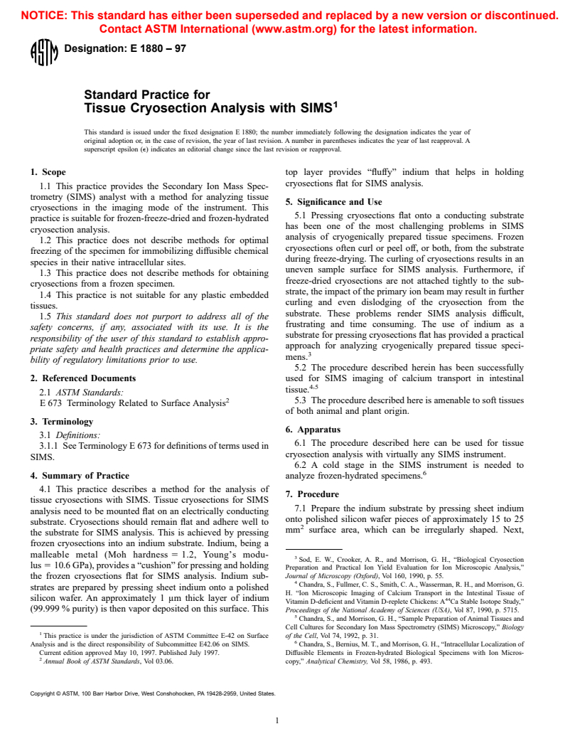 ASTM E1880-97 - Standard Practice for Tissue Cryosection Analysis with SIMS