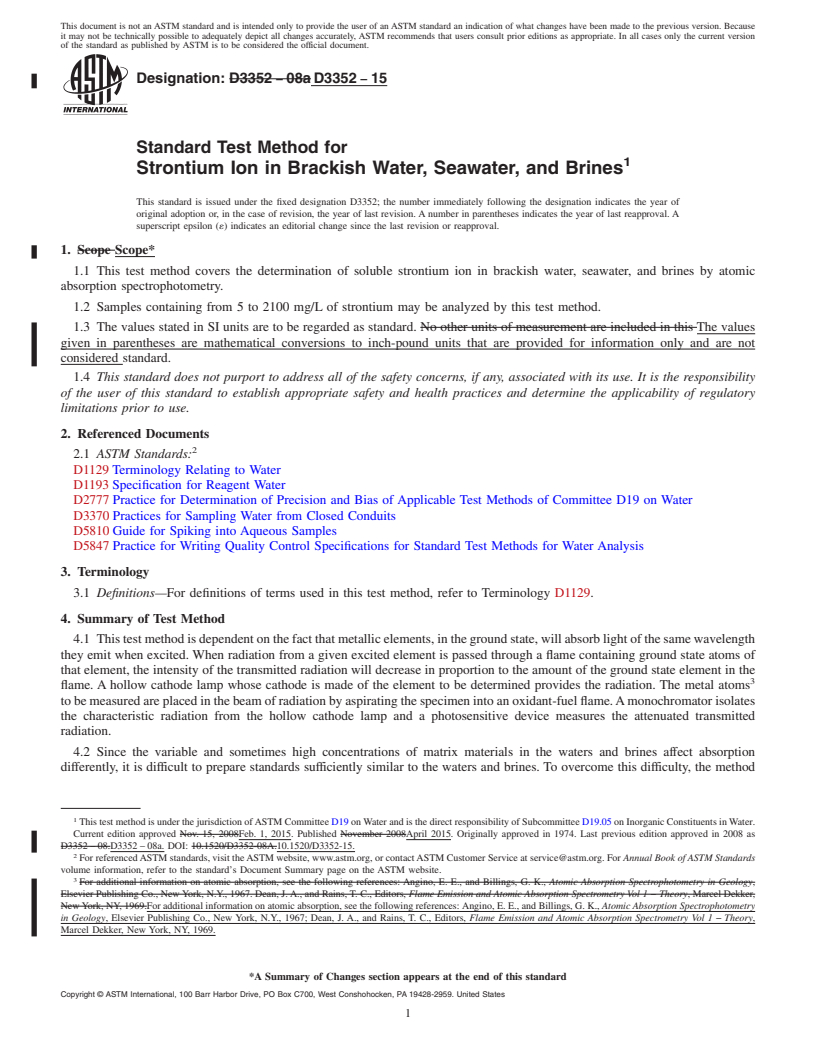 REDLINE ASTM D3352-15 - Standard Test Method for  Strontium Ion in Brackish Water, Seawater, and Brines