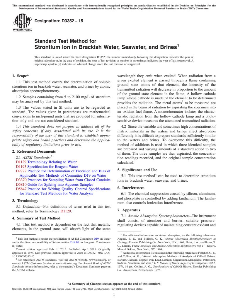ASTM D3352-15 - Standard Test Method for  Strontium Ion in Brackish Water, Seawater, and Brines