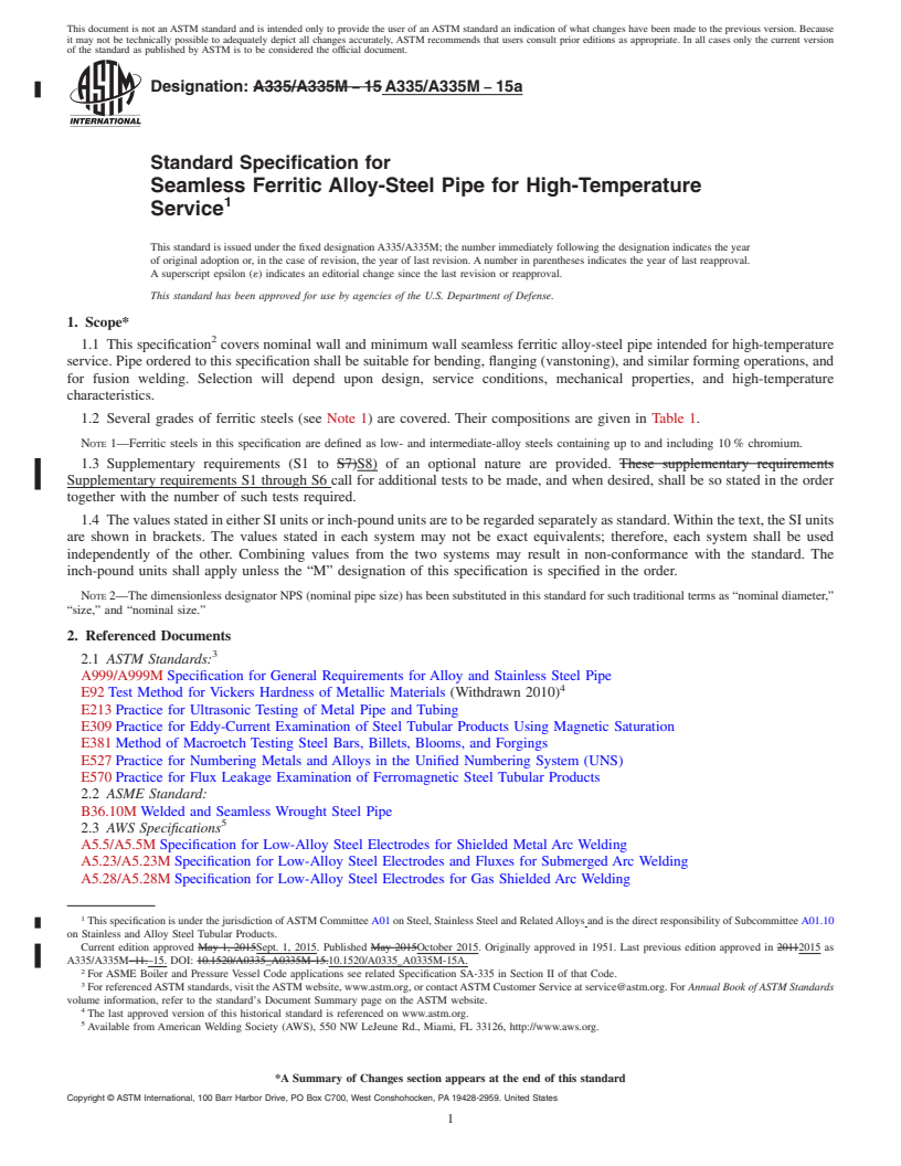 REDLINE ASTM A335/A335M-15a - Standard Specification for  Seamless Ferritic Alloy-Steel Pipe for High-Temperature Service