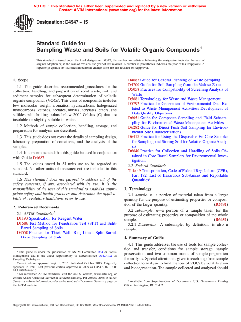 ASTM D4547-15 - Standard Guide for  Sampling Waste and Soils for Volatile Organic Compounds