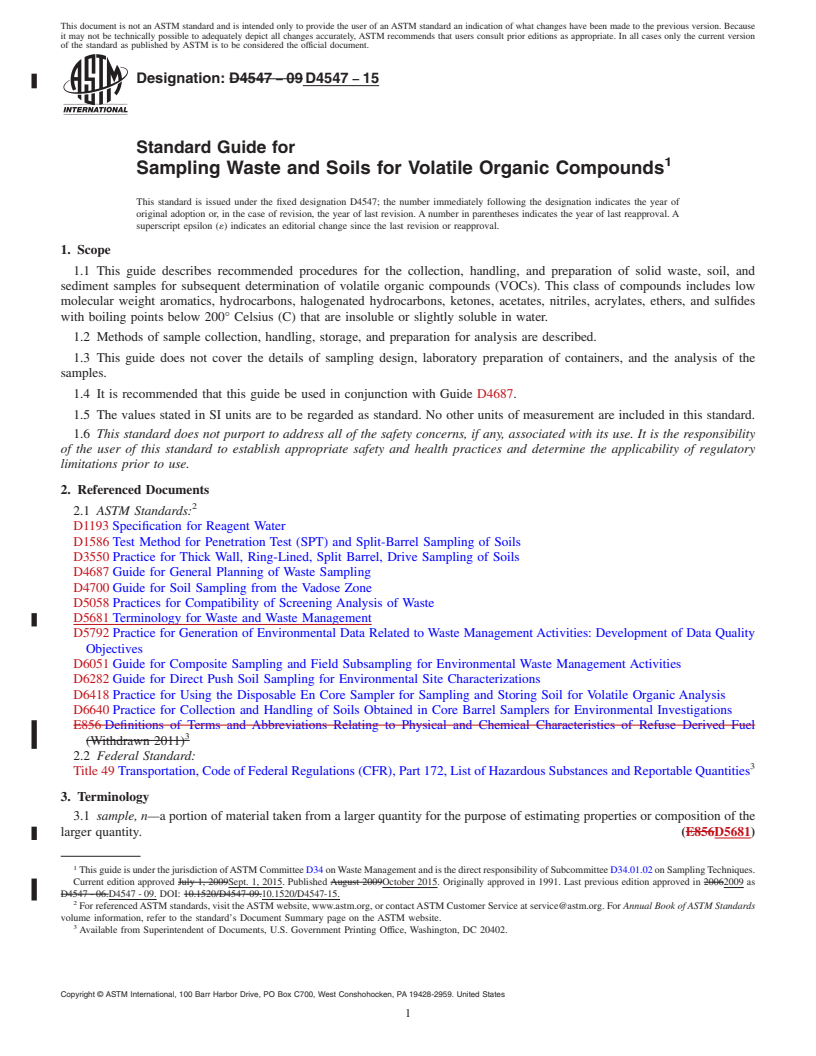 REDLINE ASTM D4547-15 - Standard Guide for  Sampling Waste and Soils for Volatile Organic Compounds
