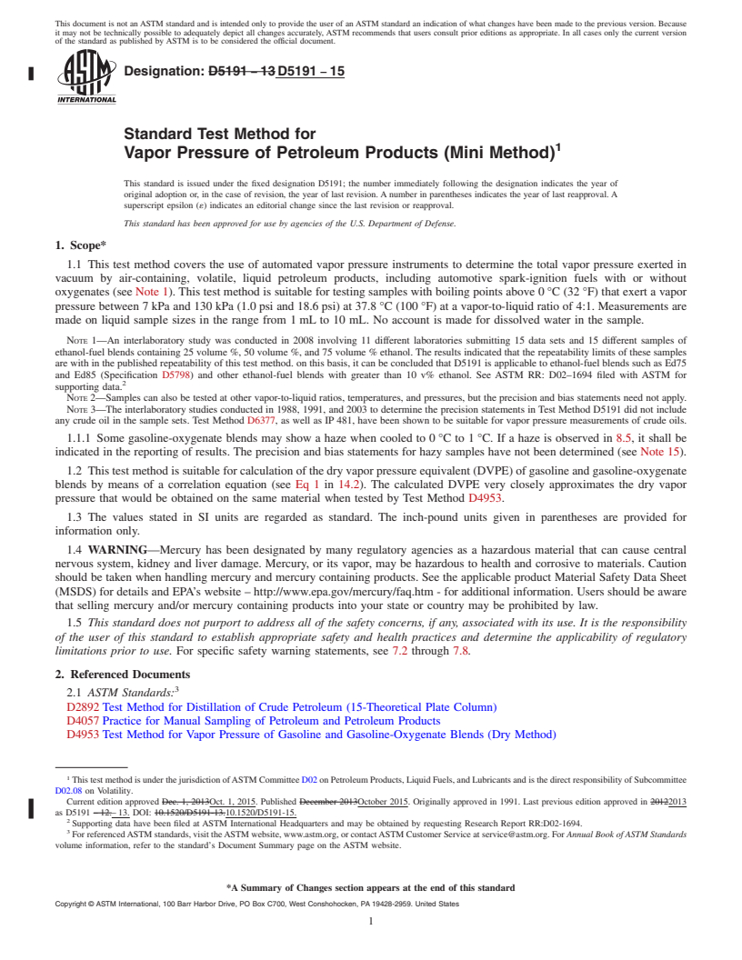 REDLINE ASTM D5191-15 - Standard Test Method for Vapor Pressure of Petroleum Products (Mini Method)