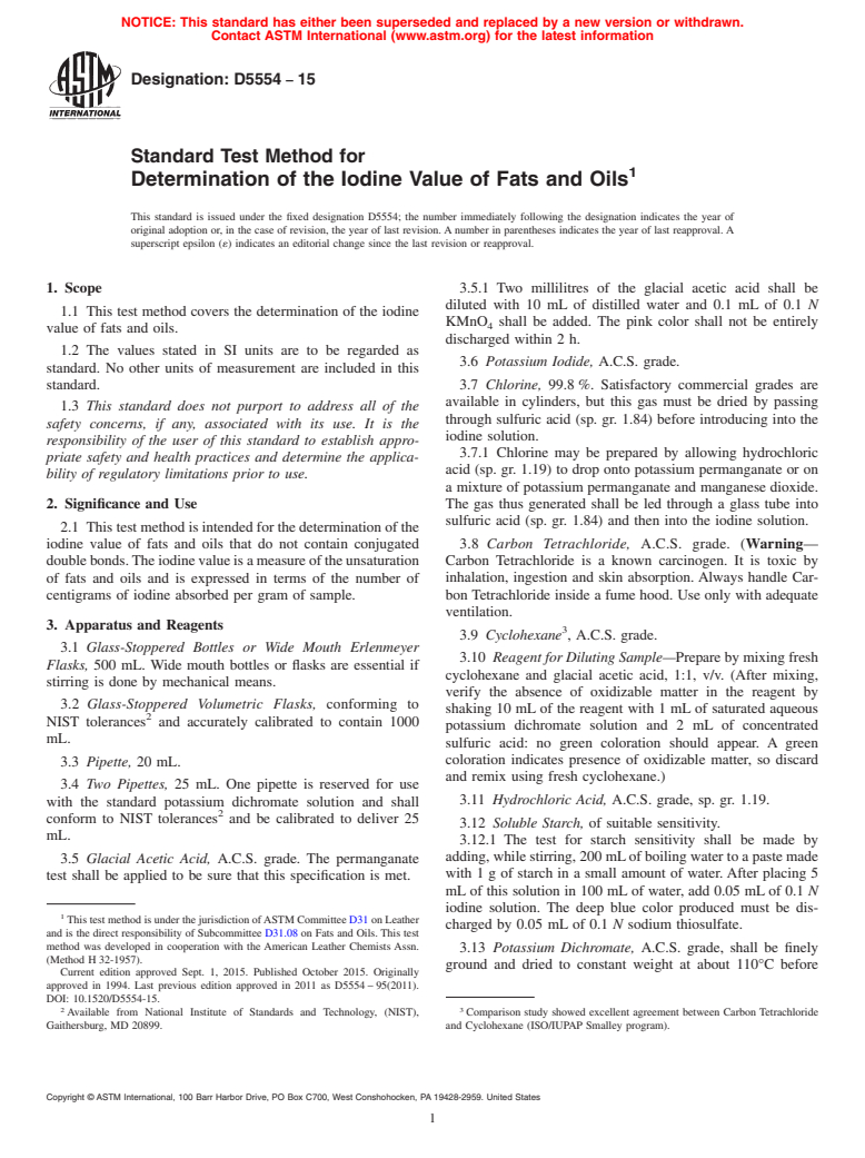 ASTM D5554-15 - Standard Test Method for  Determination of the Iodine Value of Fats and Oils