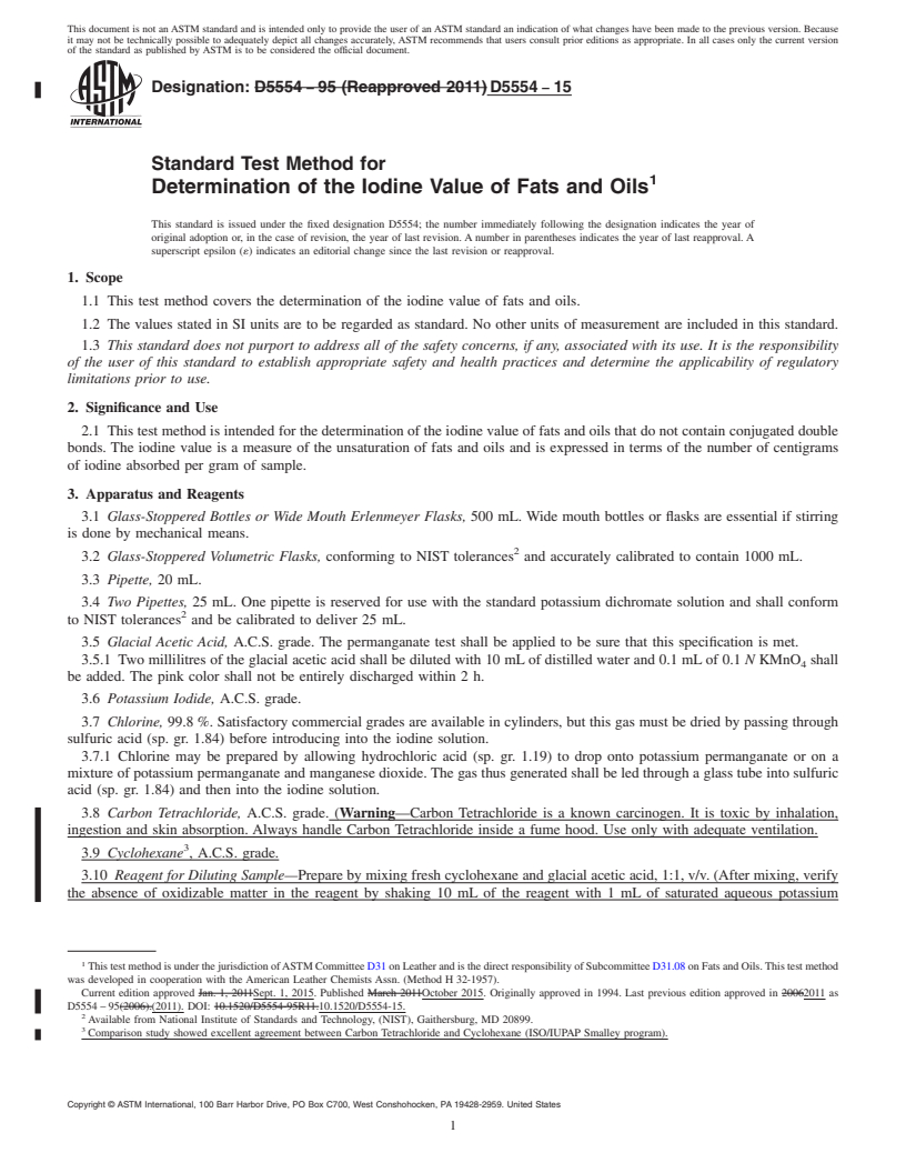 REDLINE ASTM D5554-15 - Standard Test Method for  Determination of the Iodine Value of Fats and Oils