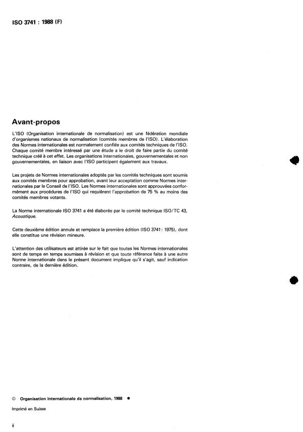ISO 3741:1988 ISO 3741:1988 - Acoustique -- Détermination des niveaux de puissance acoustique émis par les sources de bruit -- Méthodes de laboratoire en salles réverbérantes pour les sources a large bande - Page 2 preview