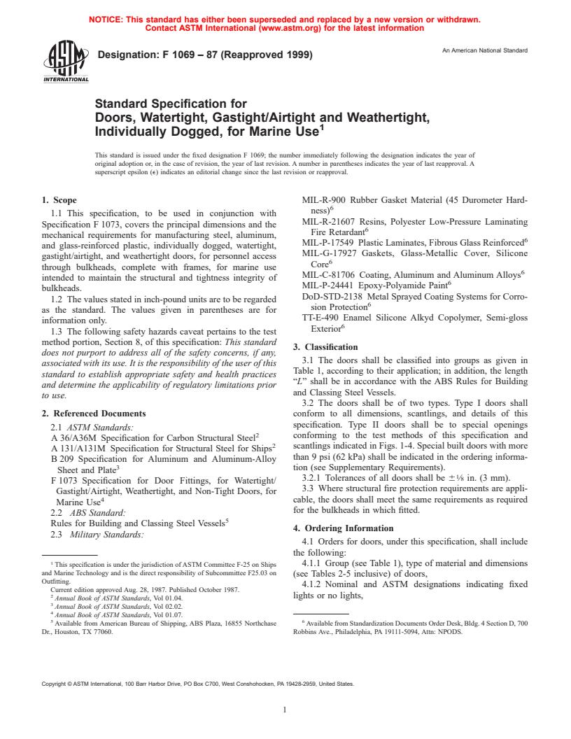 ASTM F1069-87(1999) - Standard Specification for Doors, Watertight, Gastight/Airtight and Weathertight, Individually Dogged, for Marine Use