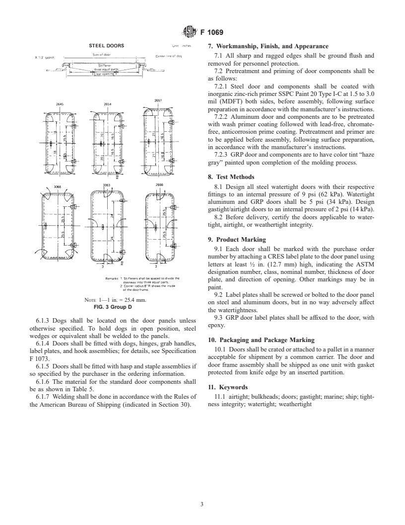 ASTM F1069-87(1999) - Standard Specification for Doors, Watertight, Gastight/Airtight and Weathertight, Individually Dogged, for Marine Use