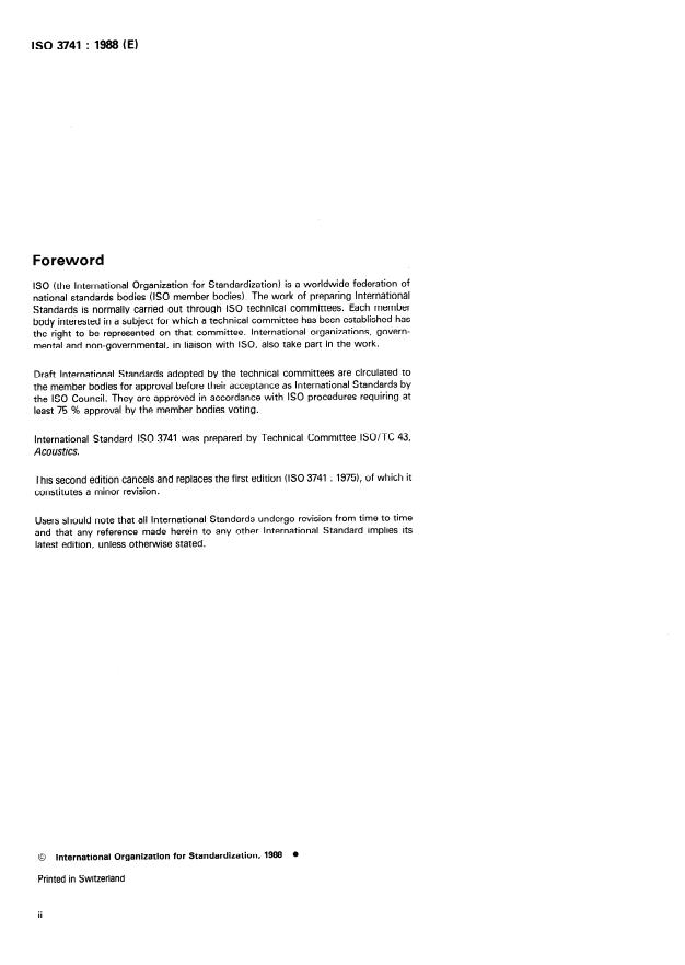 ISO 3741:1988 ISO 3741:1988 - Acoustics -- Determination of sound power levels of noise sources -- Precision methods for broad-band sources in reverberation rooms - Page 2 preview