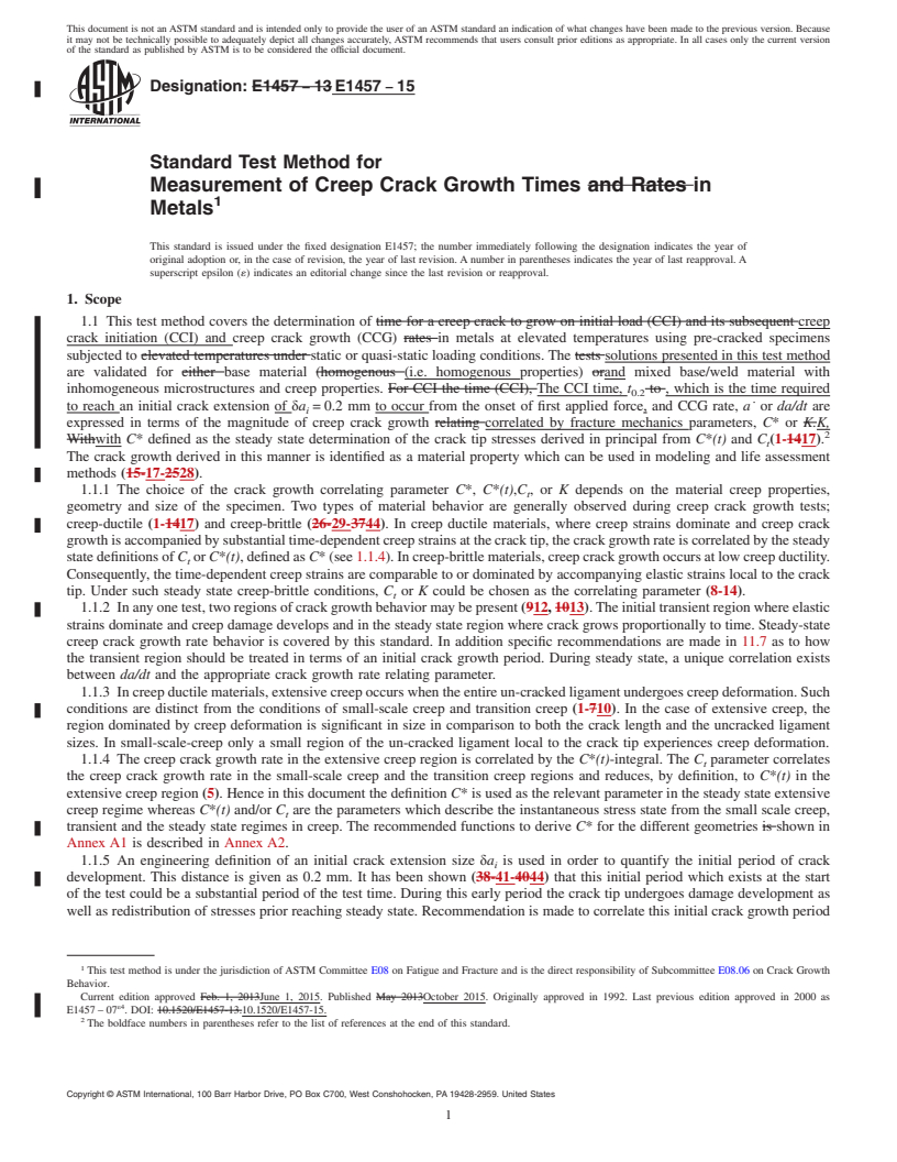 REDLINE ASTM E1457-15 - Standard Test Method for  Measurement of Creep Crack Growth Times in Metals