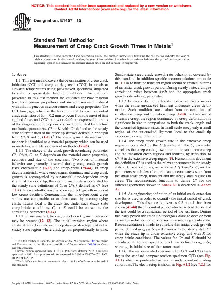 ASTM E1457-15 - Standard Test Method for  Measurement of Creep Crack Growth Times in Metals