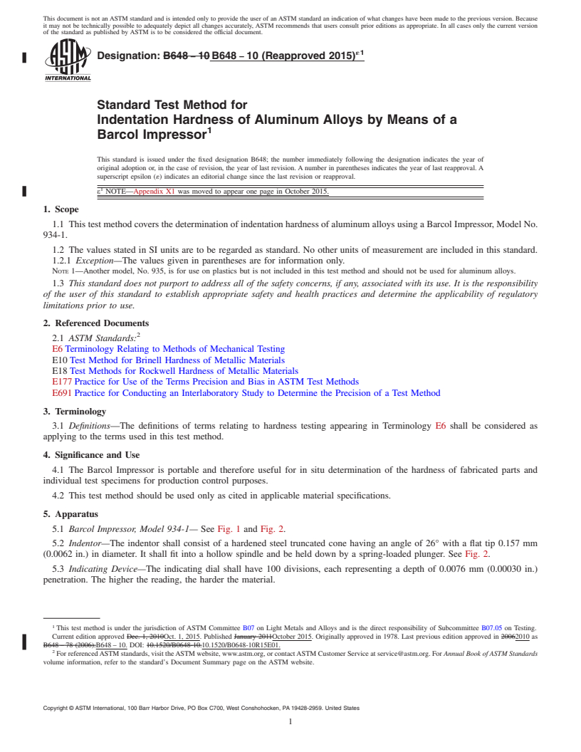 REDLINE ASTM B648-10(2015)e1 - Standard Test Method for  Indentation Hardness of Aluminum Alloys by Means of a Barcol  Impressor