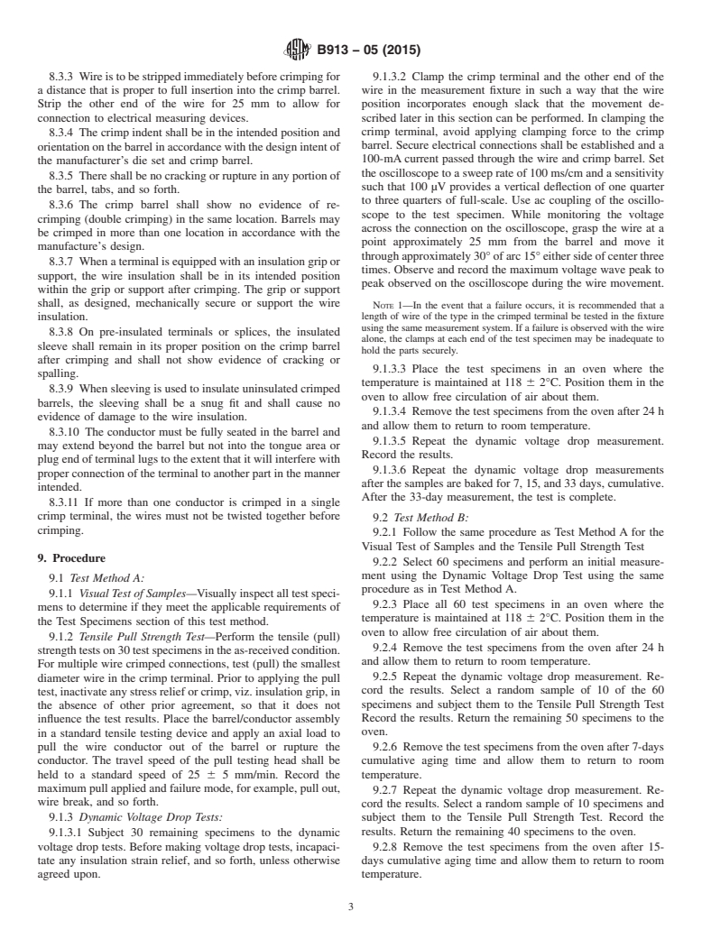 ASTM B913-05(2015) - Standard Test Method for Evaluation of Crimped Electrical Connections to 16-Gauge and  Smaller   Diameter Stranded and Solid Conductors