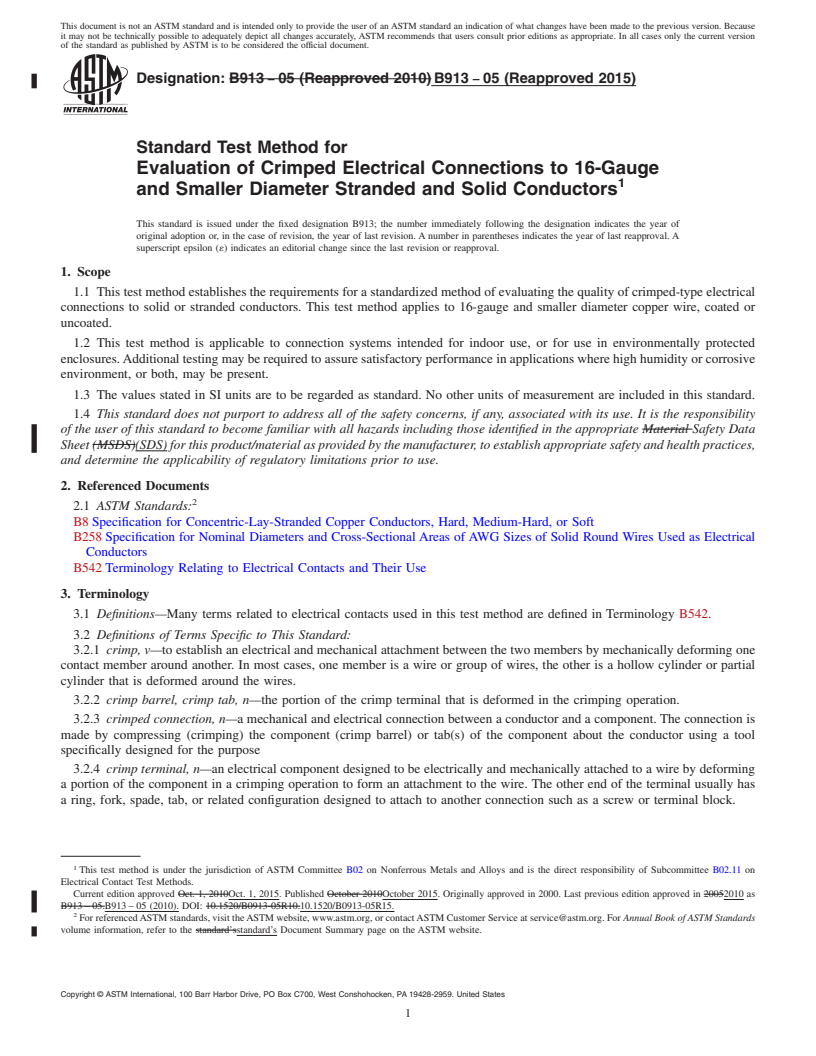 REDLINE ASTM B913-05(2015) - Standard Test Method for Evaluation of Crimped Electrical Connections to 16-Gauge and  Smaller   Diameter Stranded and Solid Conductors