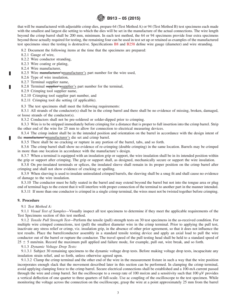 REDLINE ASTM B913-05(2015) - Standard Test Method for Evaluation of Crimped Electrical Connections to 16-Gauge and  Smaller   Diameter Stranded and Solid Conductors