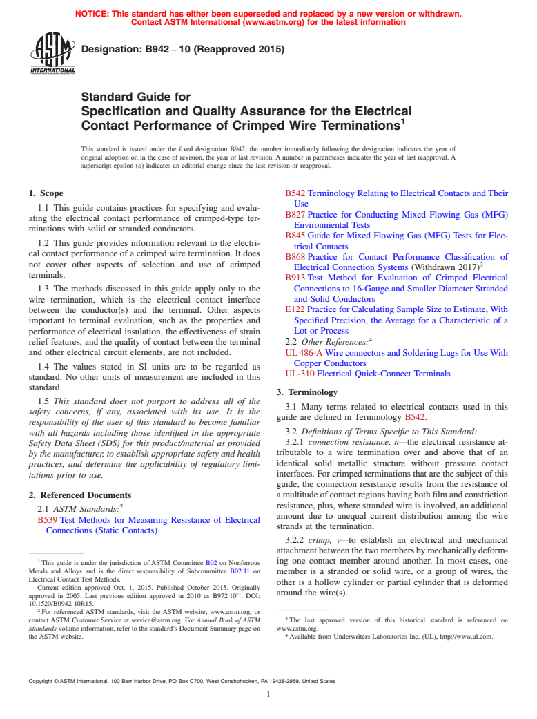 ASTM B942-10(2015) - Standard Guide for Specification and Quality Assurance for the Electrical Contact  Performance   of Crimped Wire Terminations