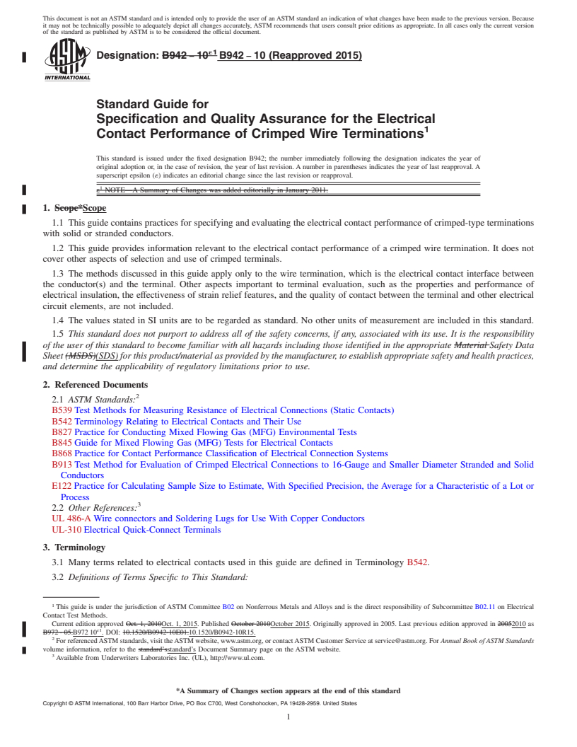 REDLINE ASTM B942-10(2015) - Standard Guide for Specification and Quality Assurance for the Electrical Contact  Performance   of Crimped Wire Terminations