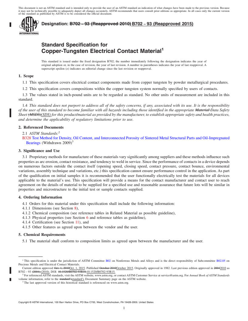 REDLINE ASTM B702-93(2015) - Standard Specification for Copper-Tungsten Electrical Contact Material