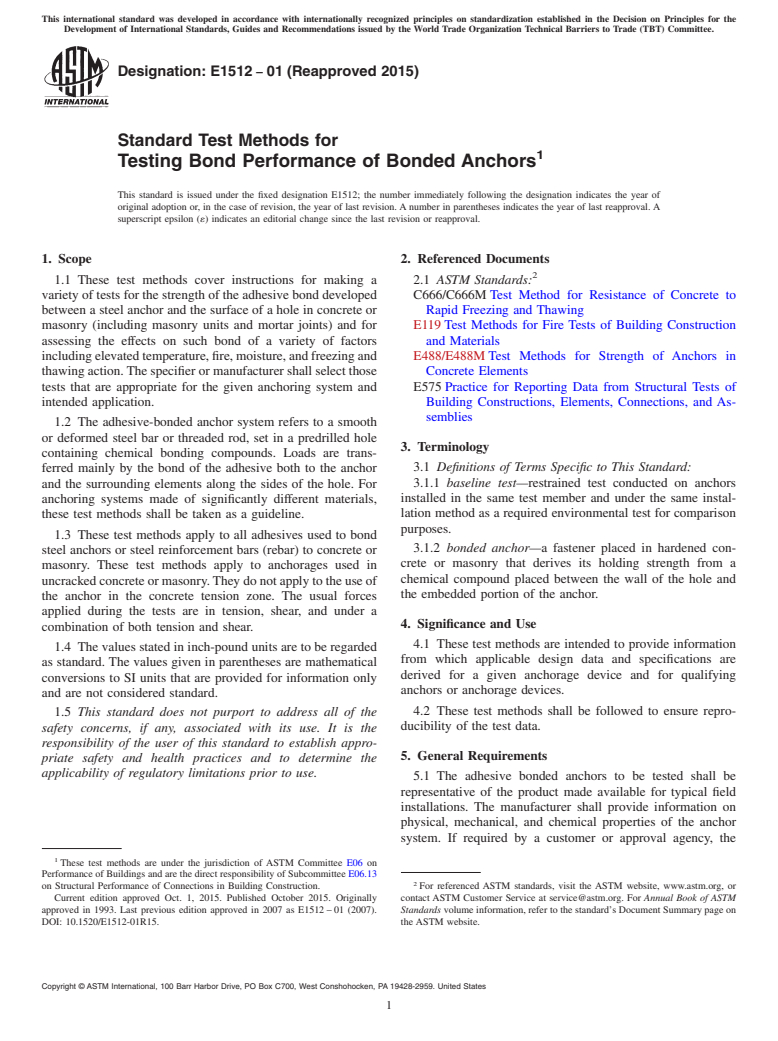 ASTM E1512-01(2015) - Standard Test Methods for Testing Bond Performance of Bonded Anchors