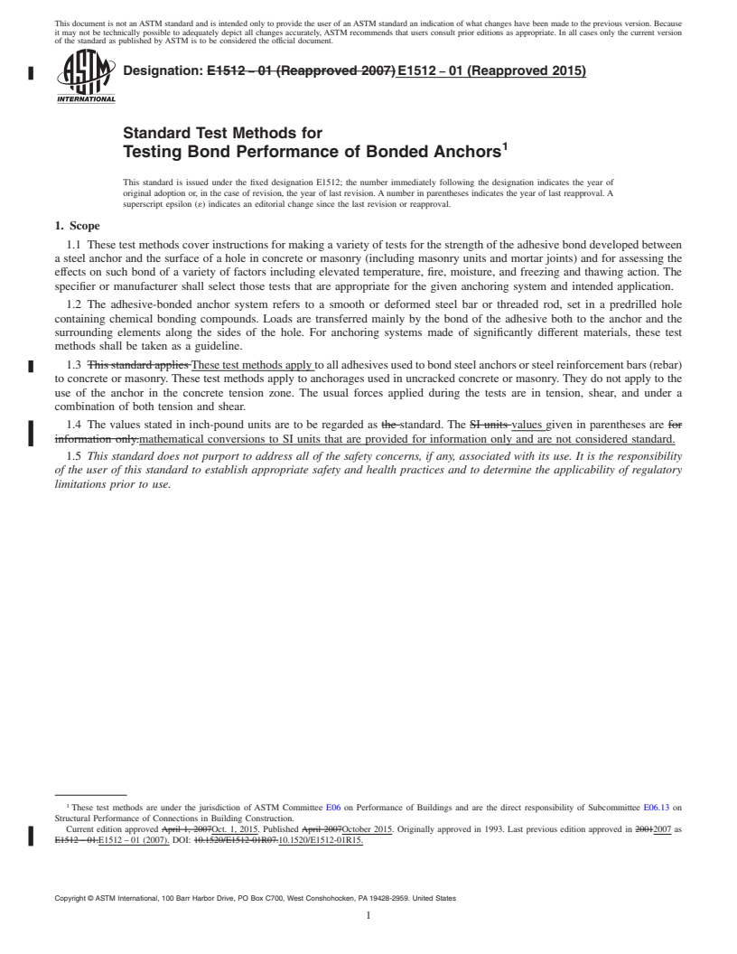 REDLINE ASTM E1512-01(2015) - Standard Test Methods for Testing Bond Performance of Bonded Anchors