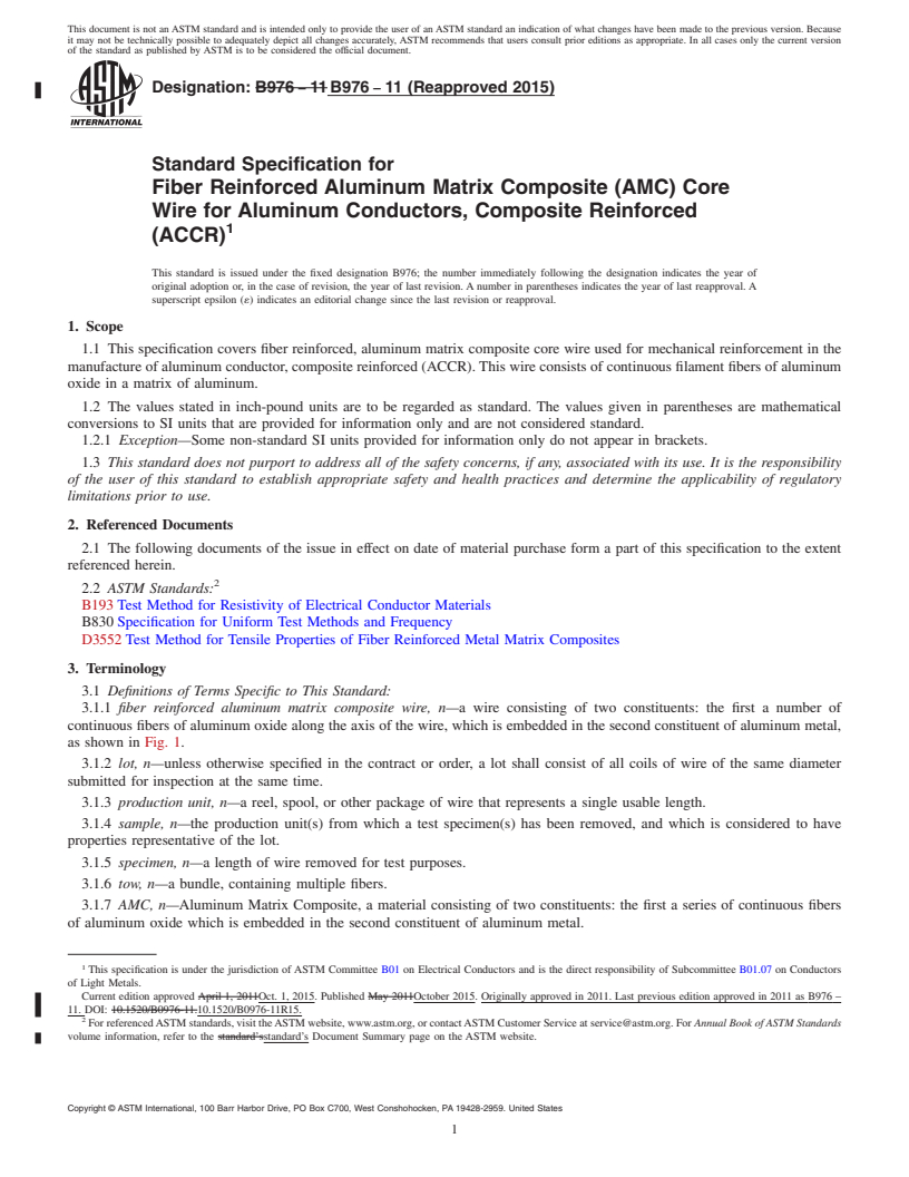 REDLINE ASTM B976-11(2015) - Standard Specification for Fiber Reinforced Aluminum Matrix Composite (AMC) Core Wire   for Aluminum Conductors, Composite Reinforced (ACCR)