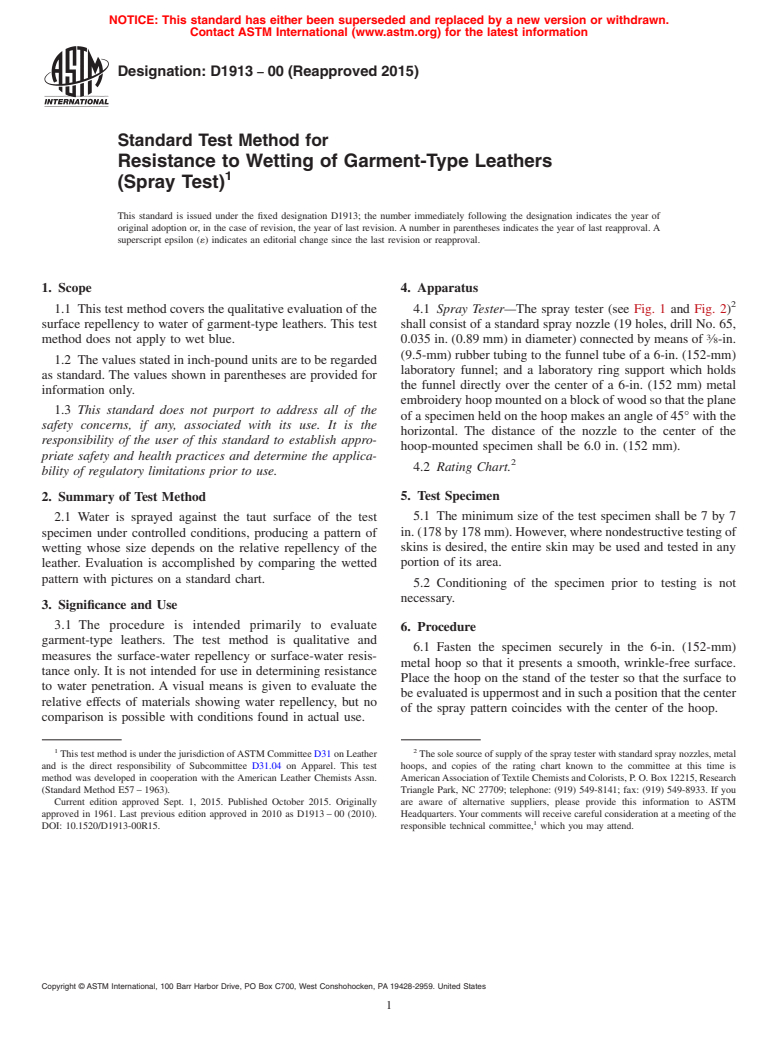 ASTM D1913-00(2015) - Standard Test Method for Resistance to Wetting of ...