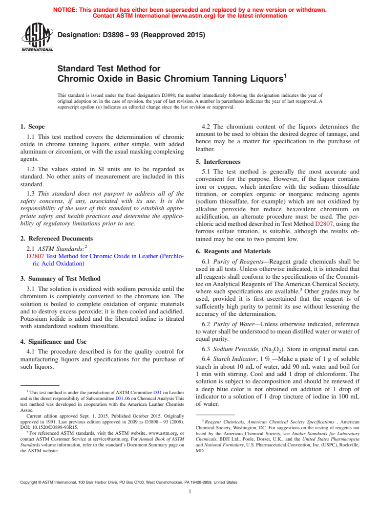 ASTM D3898-93(2015) - Standard Test Method for  Chromic Oxide in Basic Chromium Tanning Liquors