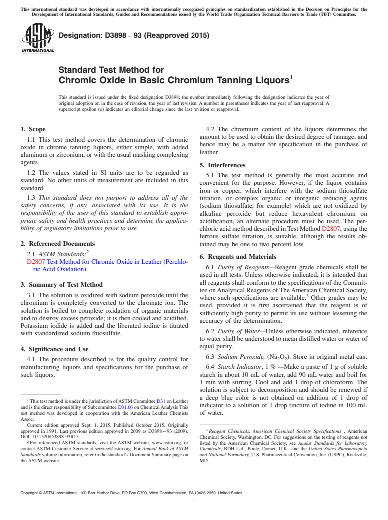 ASTM D3898-93(2015) - Standard Test Method for  Chromic Oxide in Basic Chromium Tanning Liquors