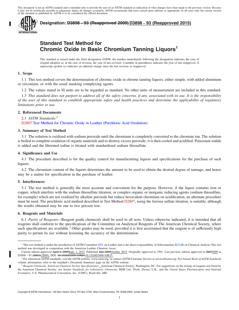 REDLINE ASTM D3898-93(2015) - Standard Test Method for  Chromic Oxide in Basic Chromium Tanning Liquors