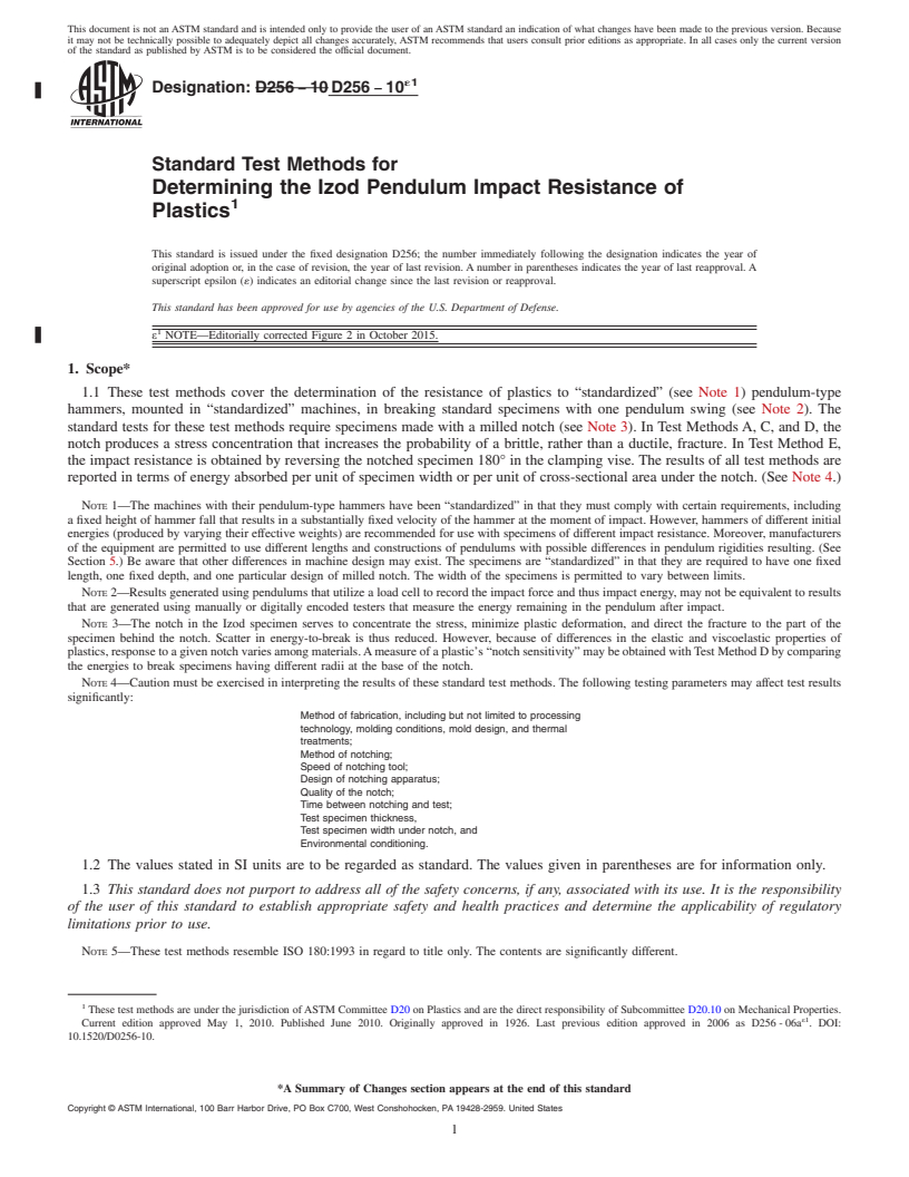 REDLINE ASTM D256-10e1 - Standard Test Methods for  Determining the Izod Pendulum Impact Resistance of Plastics