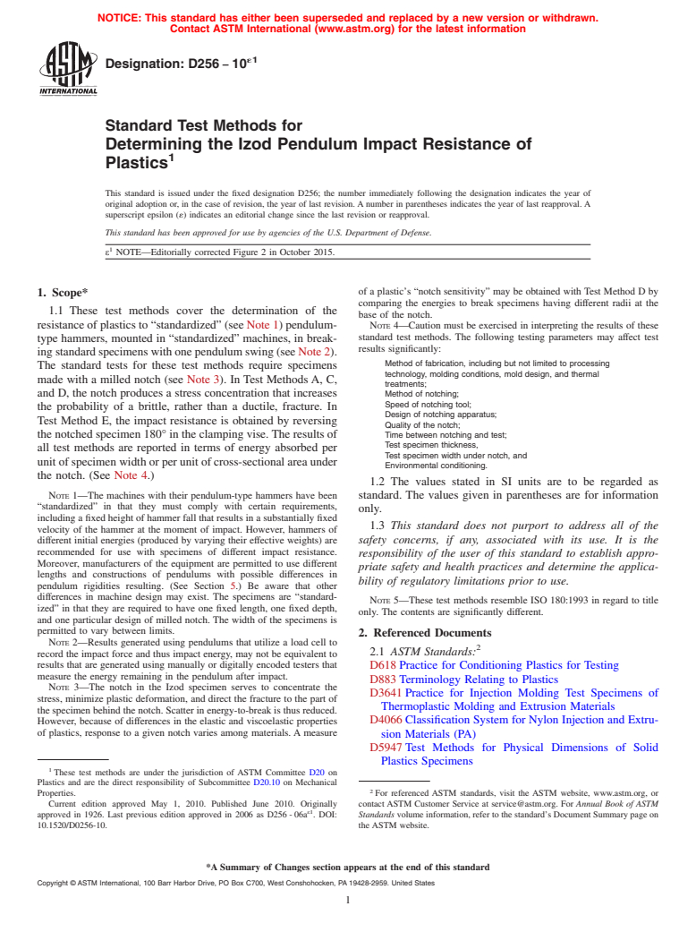 ASTM D256-10e1 - Standard Test Methods for  Determining the Izod Pendulum Impact Resistance of Plastics