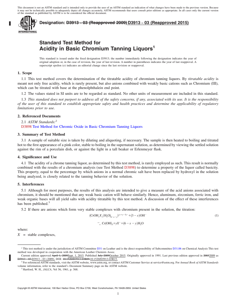 REDLINE ASTM D3913-03(2015) - Standard Test Method for  Acidity in Basic Chromium Tanning Liquors