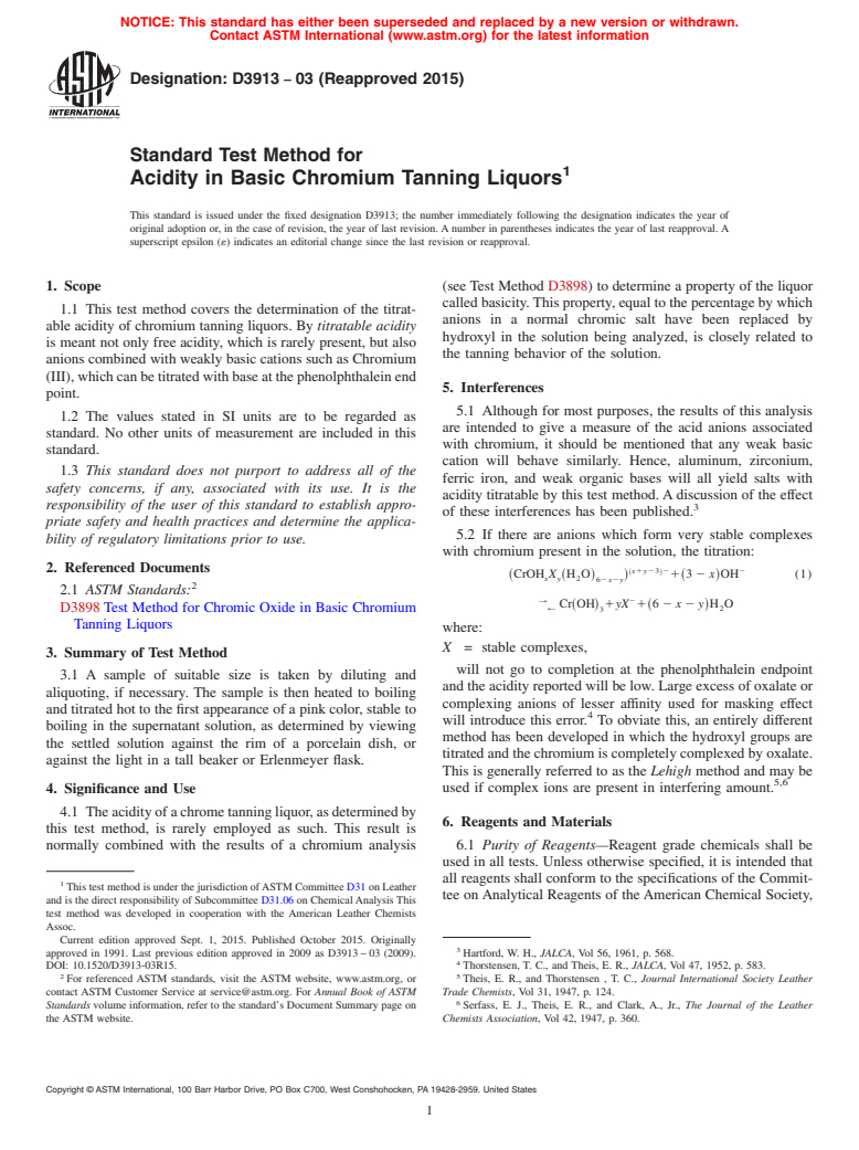 ASTM D3913-03(2015) - Standard Test Method for  Acidity in Basic Chromium Tanning Liquors