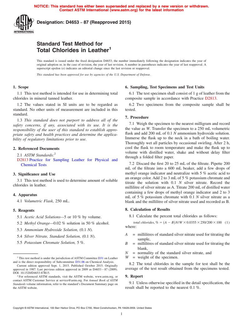 ASTM D4653-87(2015) - Standard Test Method for  Total Chlorides in Leather
