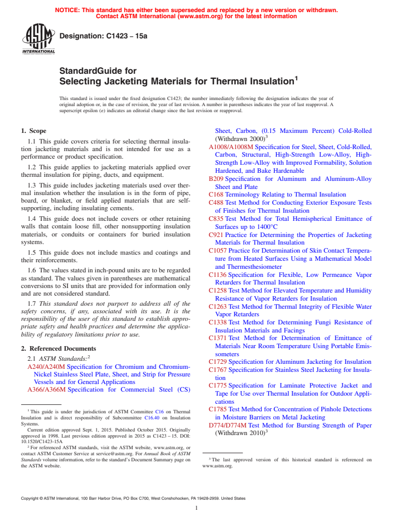 ASTM C1423-15a - Standard Guide for  Selecting Jacketing Materials for Thermal Insulation