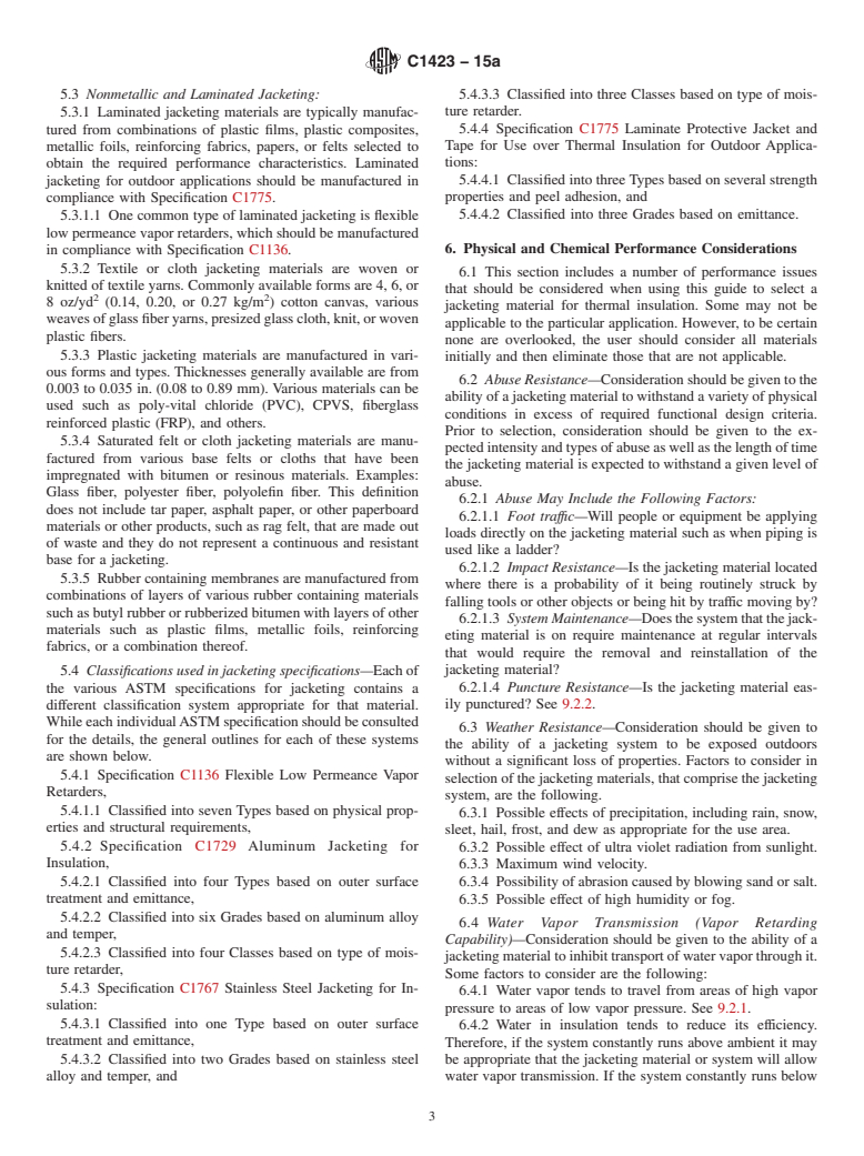 ASTM C1423-15a - Standard Guide for  Selecting Jacketing Materials for Thermal Insulation