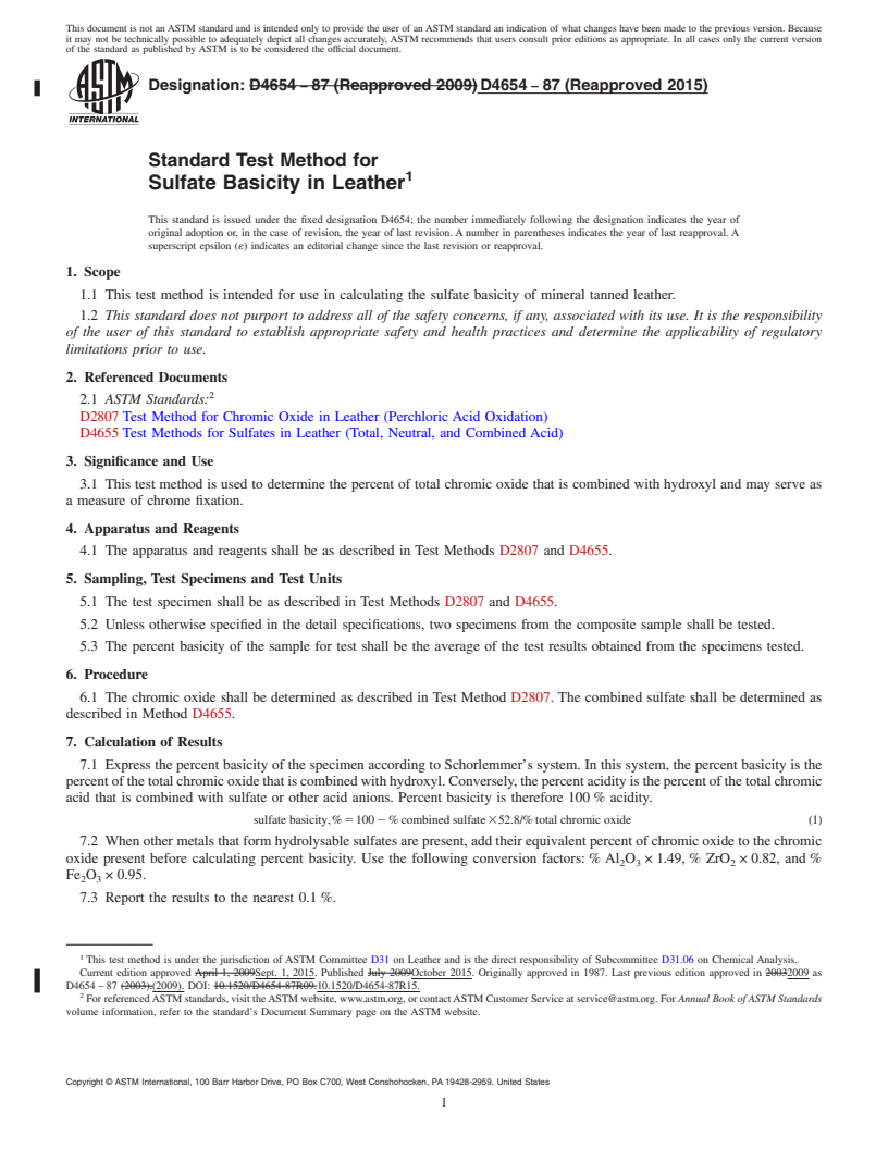 REDLINE ASTM D4654-87(2015) - Standard Test Method for  Sulfate Basicity in Leather