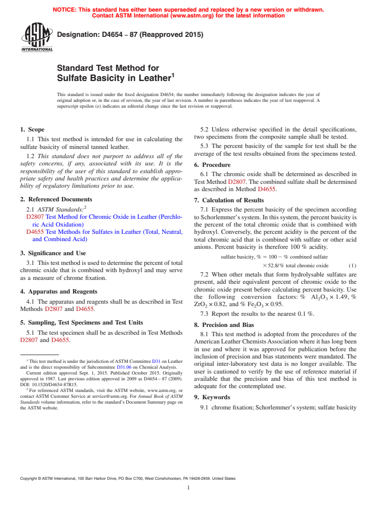 ASTM D4654-87(2015) - Standard Test Method for  Sulfate Basicity in Leather