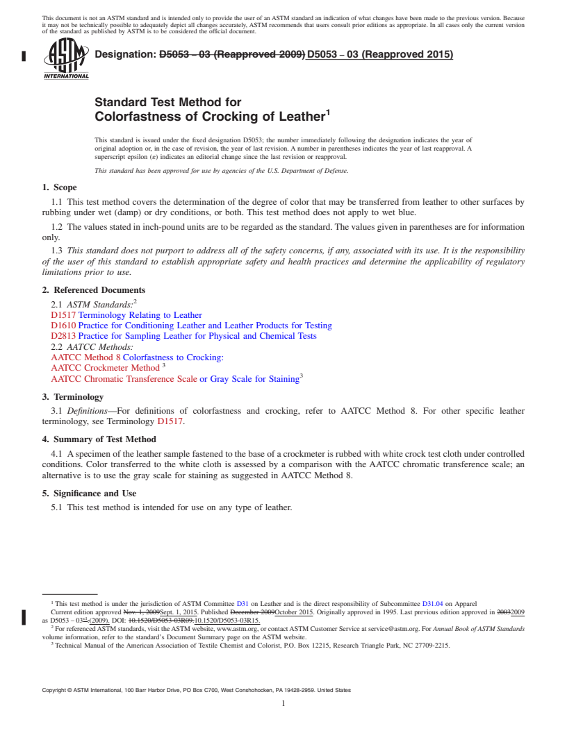 REDLINE ASTM D5053-03(2015) - Standard Test Method for  Colorfastness of Crocking of Leather