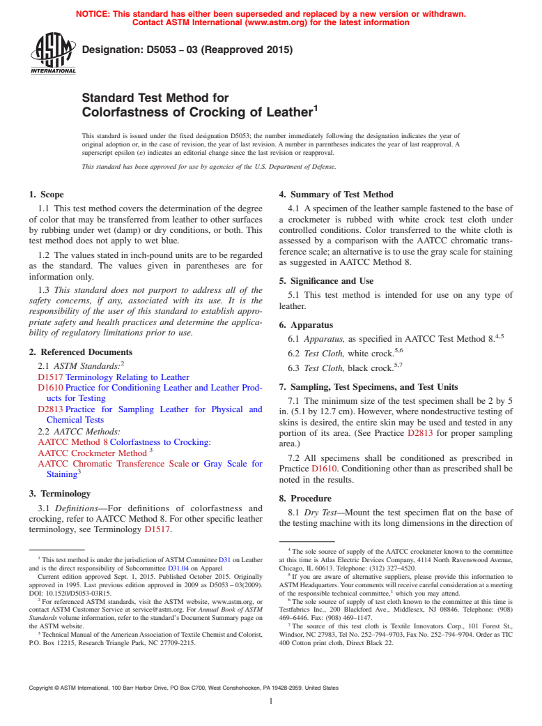 ASTM D5053-03(2015) - Standard Test Method for  Colorfastness of Crocking of Leather