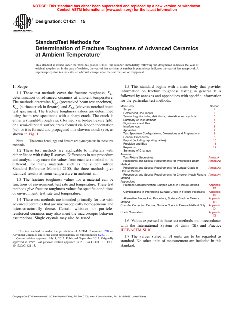 ASTM C1421-15 - Standard Test Methods for Determination of Fracture Toughness of Advanced Ceramics at   Ambient Temperature