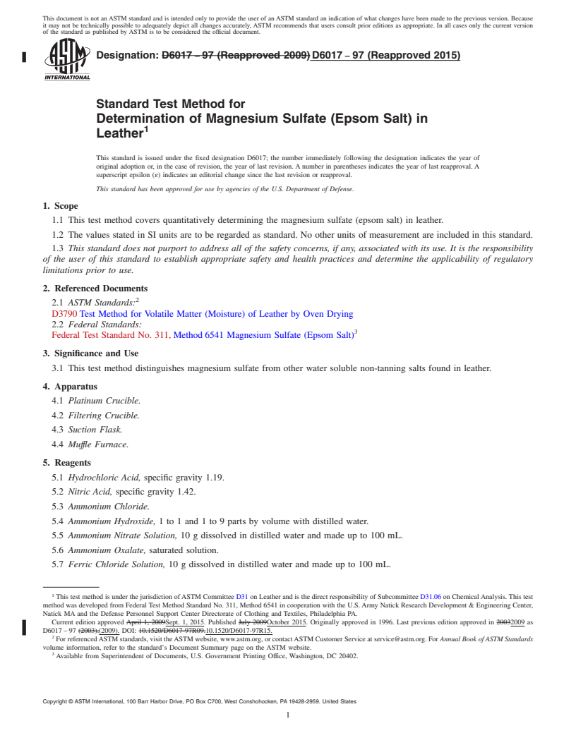 REDLINE ASTM D6017-97(2015) - Standard Test Method for  Determination of Magnesium Sulfate (Epsom Salt) in Leather