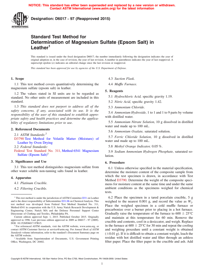 ASTM D6017-97(2015) - Standard Test Method for  Determination of Magnesium Sulfate (Epsom Salt) in Leather
