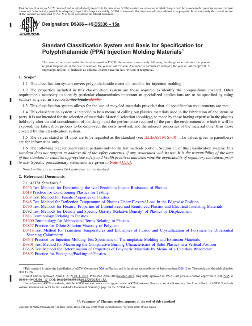 REDLINE ASTM D5336-15a - Standard Classification System and Basis for Specification for Polyphthalamide (PPA) Injection Molding Material