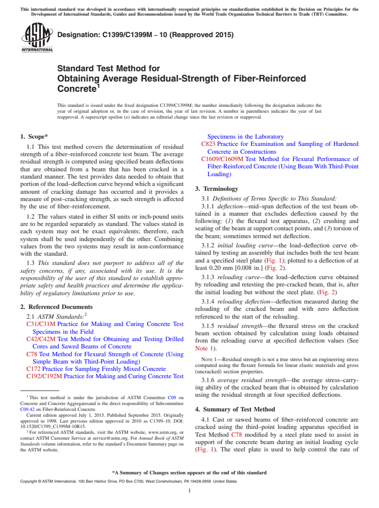 ASTM C1399/C1399M-10(2015) - Standard Test Method for  Obtaining Average Residual-Strength of Fiber-Reinforced Concrete